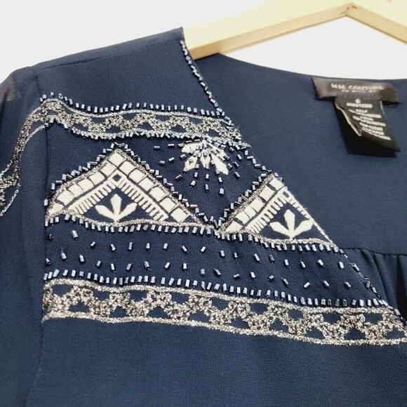MM Couture by Miss Me Midnight Blue Art Deco Style Beaded Blouse Size Small - Picture 3 of 13